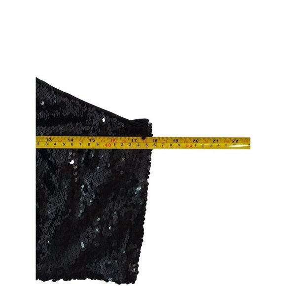 Black Sequin Halter Crop Top With Smocked Back & Adjustable Tie Closure. - Picture 6 of 7